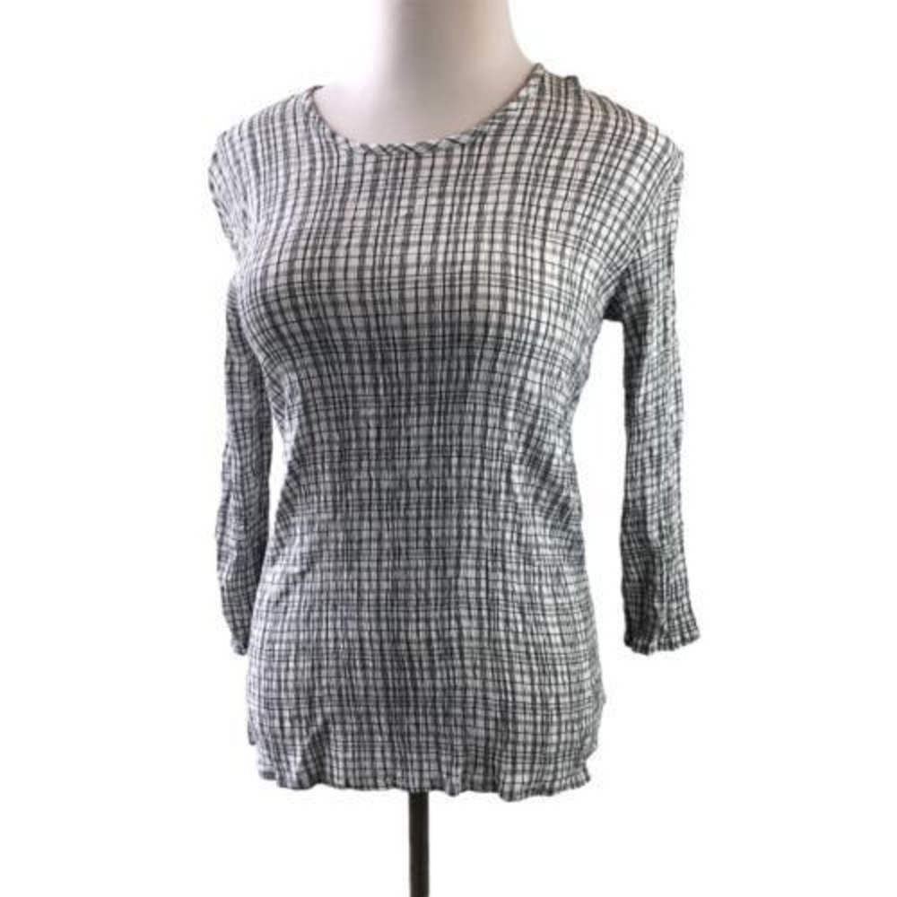 Flax Textured Crinkle Top White Black Plaid Large Minimalist Lightweight Stretch - Picture 2 of 9